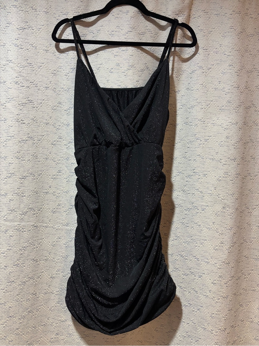 Black Shimmery Spaghetti Strap Ruched Mini Dress